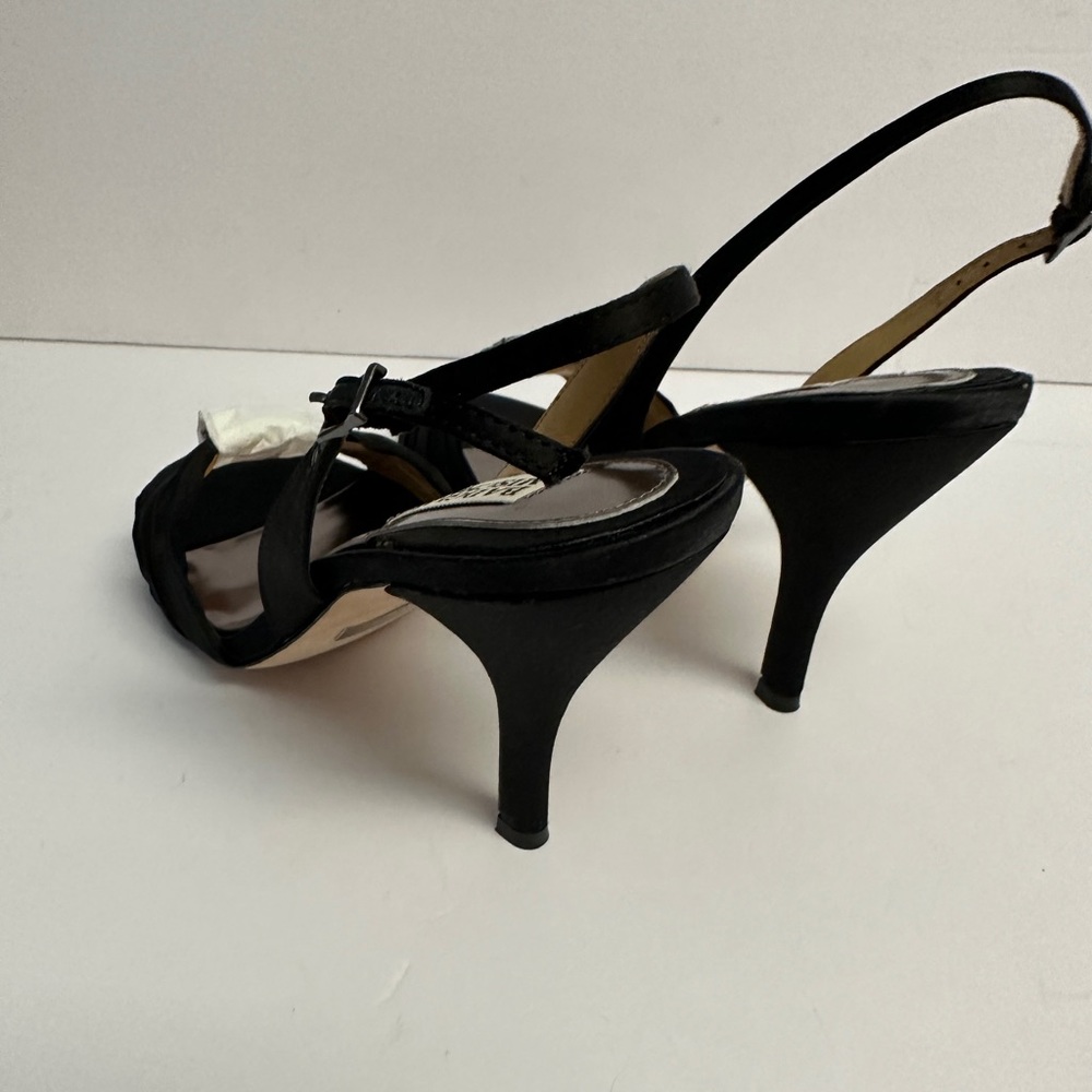 Badgley Mischka Size 8.5 Black Satin Peep Toe Heels Crystal Detail Ankle Strap - Picture 10 of 12